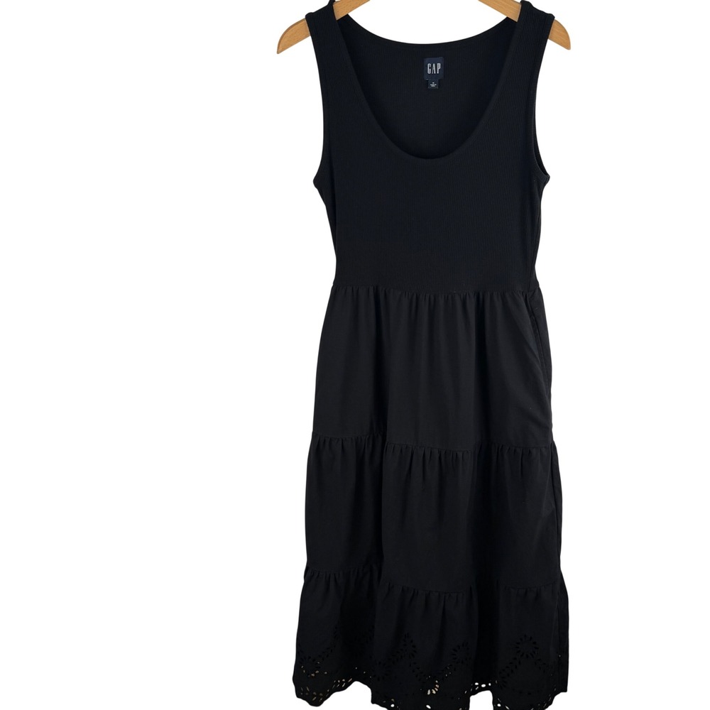 GAP Black Ribbed Tank Tiered Midi Dress Eyelet Trim Womens Medium Cotton Blend